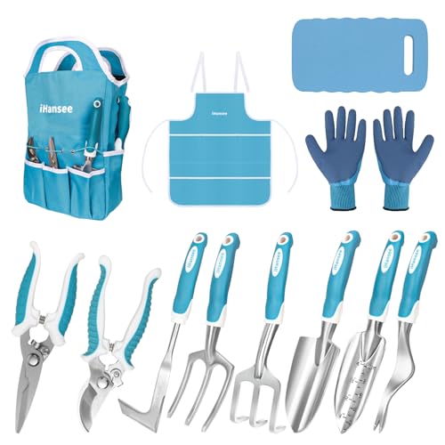 Blue Garden Tools Set 12-Piece, Gardening Gifts for Women Men | Aluminum Gardening Hand Tool with Non-Slip Handle, Kneeling Pad, Apron, Gloves and Organizer Handbag, Landscaping Tools - color: blue