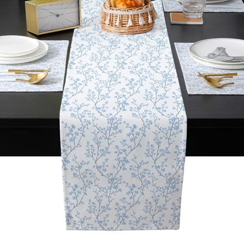 Table Runner and Placemats Set of 4 Blue Flower Decorative Dining Table Runner with Matching Placemats Floral Tree Branch Table Decor for Kitchen Dining Room and Everyday Use 13x70in - size: 13"x70"+4pcs