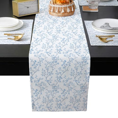 Table Runner and Placemats Set of 6 Blue Flower Decorative Dining Table Runner with Matching Placemats Floral Tree Branch Table Decor for Kitchen Dining Room and Everyday Use 13x90in - size: 13"x90"+6pcs