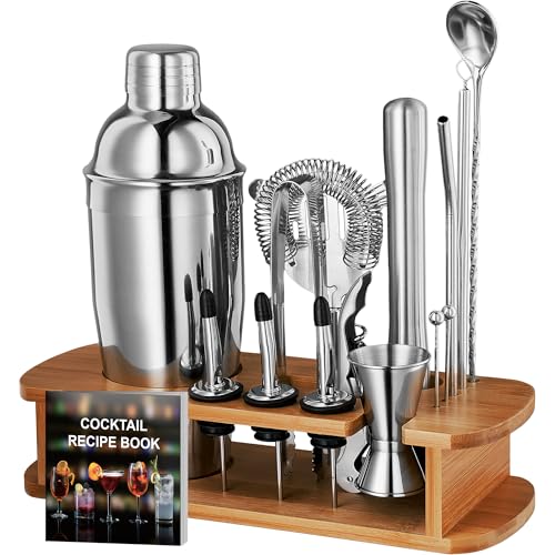 FineDine 17-Piece Stainless Steel Bar Set Cocktail Shaker Set Bartender Kit | Mixology kit, stainless steel bar tools, shaker tins, jigger, strainer, muddler, spoon, pourers, stand, home bartending