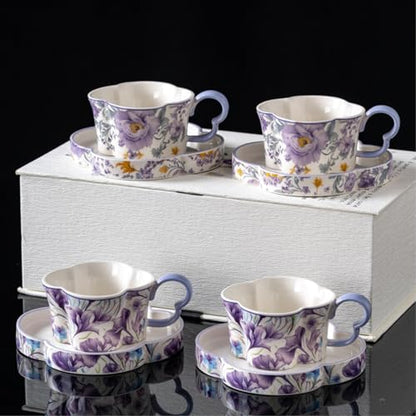 Ceramic Tea Cup and Saucer Set with Butterfly Floral Design, Purple, for Home and Office Use, Poetry & Distant Places Collection, 2-Cup Set with Gift Box
