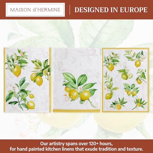 Maison d' Hermine Kitchen Towels Set of 3 Reusable 100% Cotton 27.50" x 20" | Cloth Tea Dish Towels Absorbent with Hanging Loop for Kitchen Dining Party Wedding Hotel Home Spring Summer - Limoncello - color: 003 - Limoncello