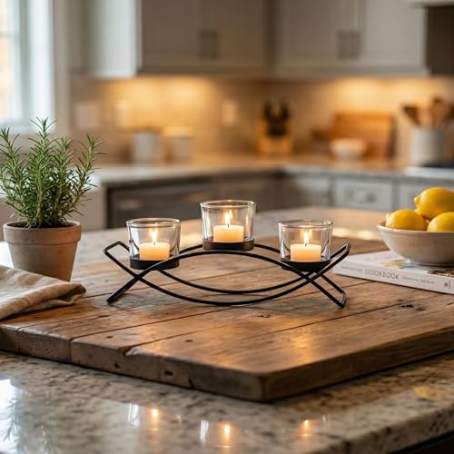 Iron Arch Table Centerpiece Decorations Long Candle Holder for Weddings, Patio, Kitchen, Dining Room, and Coffee Tables, Black, Clear Chunky 3 Cups | Votive Candle Holders, Wrought Iron 3 Cup Candelabra, Long Modern Coffee Console Decor, Black Finish, Cle