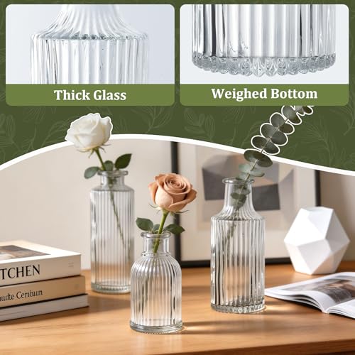 Mini Ribbed Glass Bud Vases Set of 6, Small Fluted Glass Flower Vases for Wedding Reception Centerpieces, Tabletop Decorations, Modern Home Decor