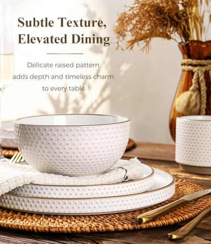 GBHOME Stoneware Dinnerware Set for 4, 12 piece Farmhouse Plates and Bowls | Elegant Embossed Ceramic Dish Set, Scratch Resistant, Microwave & Dishwasher Safe, Off white - color: Off white-Stackable