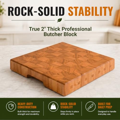SHUMARU Mahogany End Grain Cutting Board 12.6×12.6×2 in with Holder – Handmade Checkered Butcher Block, Knife-Friendly, Non-Slip Feet, Ergonomic Handles - color: Mahogany | End Grain, size: 12.6"L x 12.6"W x 2"T
