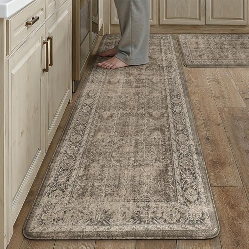 Kitchen Mats 2PCS Anti Fatigue Cushioned Mat Brown Vintage Kitchen Mats for Floor Waterproof Non Slip Comfort Standing Distressed Rug for Sink Laundry Office 17.3"x59"+17.3"x30" - color: Vintage | Brown, size: 17.3"x59"+17.3"x30"--0.4inch
