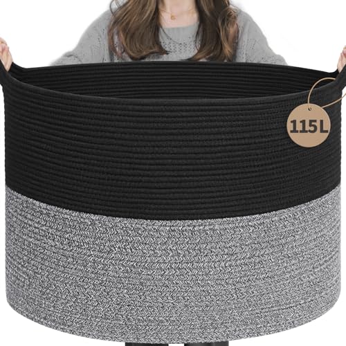 INDRESSME 115L Extra Large Woven Rope Blanket Basket Living Room Black Grey | 23.6" x 15.7" Storage baskets for toys laundry & pillows. Fits living room, bedroom or nursery décor. Soft-touch with handles - color: Black & Grey, size: 23.6"D x 15.7"H