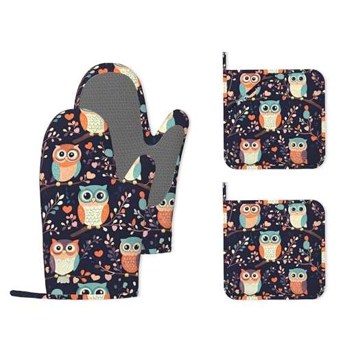 Cute Owl Heat-Resistant Silicone Oven Mitts and Pot Holders 4 Piece Set,Extra Long Non-Slip Kitchen Oven Gloves for Cooking, Baking, BBQ,Grilling - color: Cute Owl