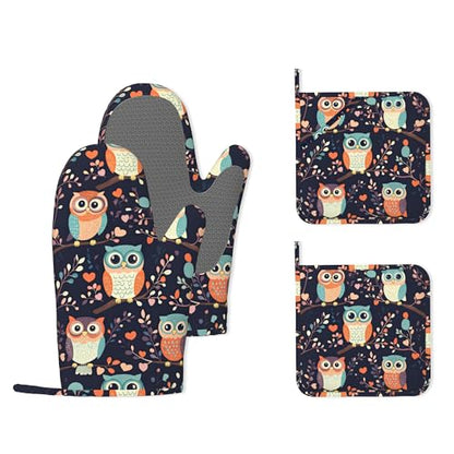 Cute Owl Heat-Resistant Silicone Oven Mitts and Pot Holders 4 Piece Set,Extra Long Non-Slip Kitchen Oven Gloves for Cooking, Baking, BBQ,Grilling - color: Cute Owl