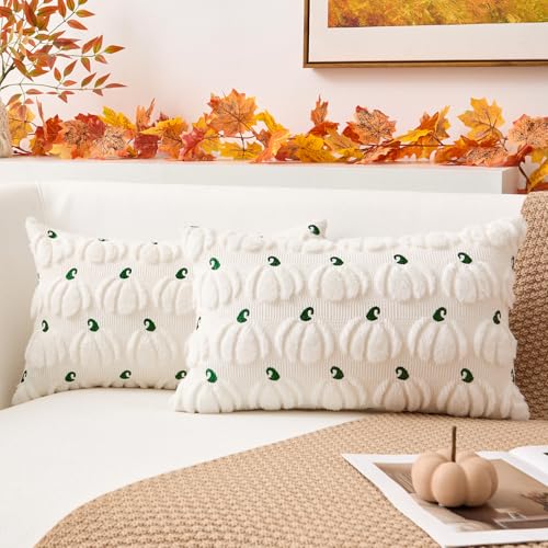 Kevin Textile Fall Pumpkins Pillow Covers 12x20 Inch Set of 2 Autumn Embroidery Decorative Lumbar Throw Cushions Soft Faux Fur Harvest Gift for Couch Sofa Chair Bedroom Halloween Decor, Cream White - color: Cream White Pumpkin, size: 20" x 12" (Pack of 2)