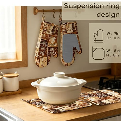 Oven Mitts and Pot Holders Retro Cafe Silicone Kitchen Accessories Set of 4 Heat Resistant Gloves Potholder Non-Slip Grip for Chef Cooking Baking Grilling BBQ - color: Retro Cafe