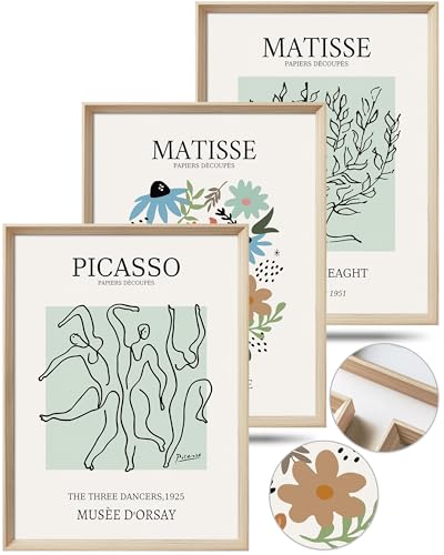 UPWOIGH Picasso Matisse Inspired Framed Art, 12 x 16 Inch, Set of 3 | Three Dancers, Floral and Tree Line Art Prints, Soft Pastel Tones, Light Wood Frames for Bedroom, Office and Gallery Wall - color: Matisse Picasso Green