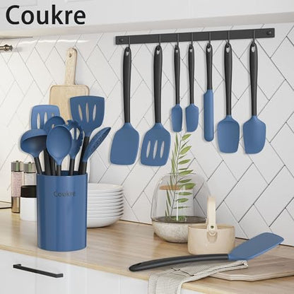 Coukre Silicone Kitchen Cooking Utensils Set, Heat Resistant, 14-Piece | Dishwasher-Safe, Food-Grade Silicone, BPA-Free, Spatulas, Spoons & Turner, Safe for Nonstick Cookware, DarkBlue - color: DarkBlue