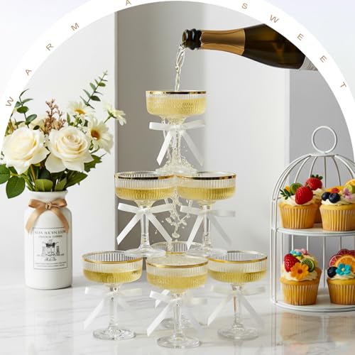 Set of 24 Plastic Champagne Coupe Glasses with Bow 7 oz Gold Champagne Tower Set Stackable Acrylic Ribbed Martini Glasses Cocktail Coupe Cup for Wedding Birthday Party Bar(Bowknot,White) - color: White, style: Bowknot