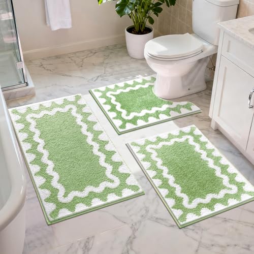 Findosom Bathroom Rugs Sets 5 Piece, Absorbent Soft Non-Slip Bath Rug Set | Washable Microfiber Shaggy Bath Mat Set with Bathroom Runner Rug, U-Shaped Toilet Rugs, Shower Rug & Toilet Lid Cover, Green - color: Green & White, size: 18"x26"+20"x32"+20"x48"+
