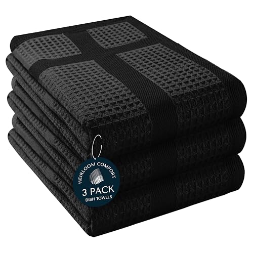 3 Pack Black Waffle Weave Kitchen Towels, 16x26 Inch, 100% Cotton Dishcloth Set, Super Absorbent, Fast Dry, Teal Towels, Soft Hand Towel, Dish Rags, Wash Cloth, Cleaning, Durable - color: Black, style: 3 Pack