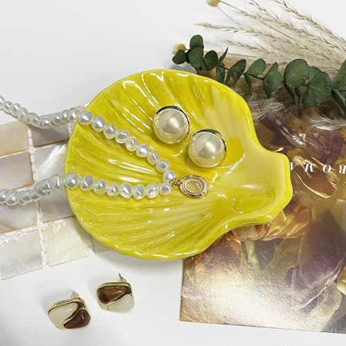 Shell Trinket Dish, Ceramic Jewelry Dish Tray, Cute Organizer Plate for Jewelry, Seashell Jewelry Ring Holder, Birthday Mother's Day Christmas Gift for Women, 3.9", Bright Yellow Iridescent Surface - color: Bright Yellow