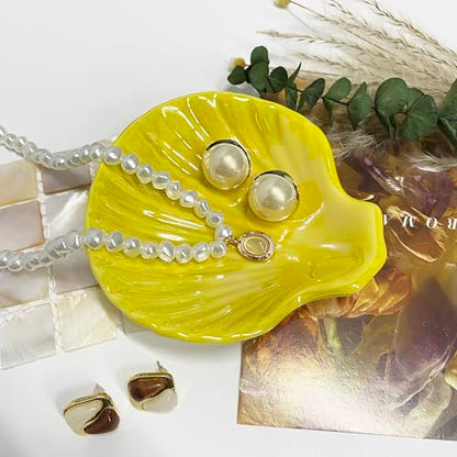 Shell Trinket Dish, Ceramic Jewelry Dish Tray, Cute Organizer Plate for Jewelry, Seashell Jewelry Ring Holder, Birthday Mother's Day Christmas Gift for Women, 3.9", Bright Yellow Iridescent Surface - color: Bright Yellow