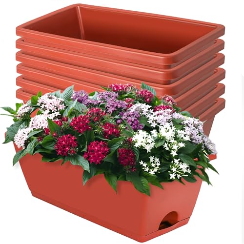 LOCONHA 7 Pack Window Box Planter, Plastic Vegetable Flower Planters Boxes | 17 Inches Rectangular Flower Pots with Saucers, Indoor Outdoor Garden Patio, Home Decor ( Brick Red) - color: Brick Red
