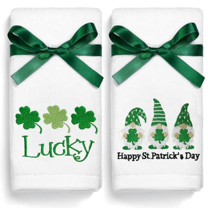 St. Patrick's Day Hand Towels 100% Cotton Embroidered Green Gnome Shamrock Decorative Bathroom Kitchen Dish Towels Set Gift Set of 2 14x29 inch - color: St.gnome