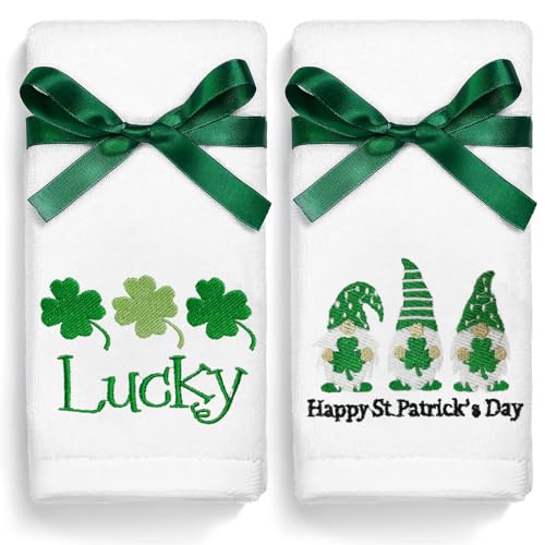 St. Patrick's Day Hand Towels 100% Cotton Embroidered Green Gnome Shamrock Decorative Bathroom Kitchen Dish Towels Set Gift Set of 2 14x29 inch - color: St.gnome