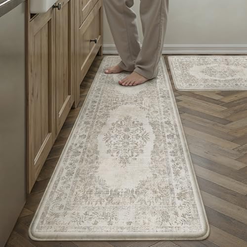 Kitchen Mats 2PCS Anti Fatigue Cushioned Mat Beige Vintage Kitchen Mats for Floor Waterproof Non Slip Comfort Standing Medallion Floral Rug for Sink Laundry Office 17.3"x59"+17.3"x30" - color: Beige, size: 17.3"x59"+17.3"x30"--0.4inch