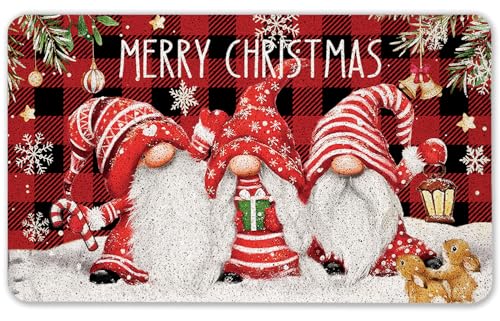 Merry Christmas Gnome Door Mat, Red and Black Plaid Christmas Winter Doormat for Front Door Indoor Outdoor Entrance Porch, Snowflake Gnomes Winter Welcome Mat Outside, 17x30 Inches - color: Merry Christmas Gnome