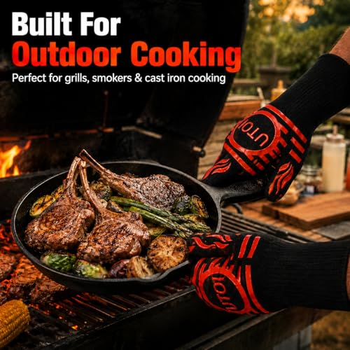 BBQ Grill Gloves, 1472°F Heat Resistant, Long Cuff, XL Non-Slip | Designed for campfire cooking, fire pits, smokers and grilling with silicone grip, EN407 certified protection. - color: Red and Black Bbq Gloves