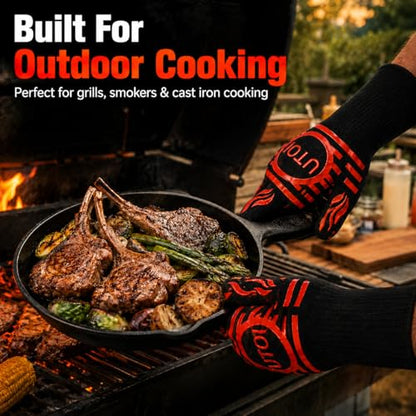 BBQ Grill Gloves, 1472°F Heat Resistant, Long Cuff, XL Non-Slip | Designed for campfire cooking, fire pits, smokers and grilling with silicone grip, EN407 certified protection. - color: Red and Black Bbq Gloves