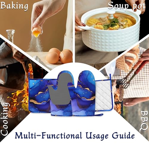 Blue Purple Gold Marble Oven Mitts and Pot Holders Sets of 4 Abstract Heat Resistant Silicone Oven Mits Gloves Non-Slip Kitchen Mittens Potholders for Cooking Baking Grilling BBQ - color: Blue Purple Gold Marble,abstract