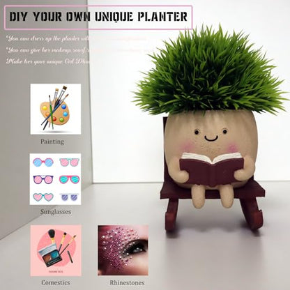 Dolkgy Cute Face Planters Succulent Pots, Funny Rocking Chair Reading Head Flower Planter Cactus Pot with Drainage Hole for Indoor Outdoor Plants, Unique Plant Lover Gifts - color: Khaki Chair Planter
