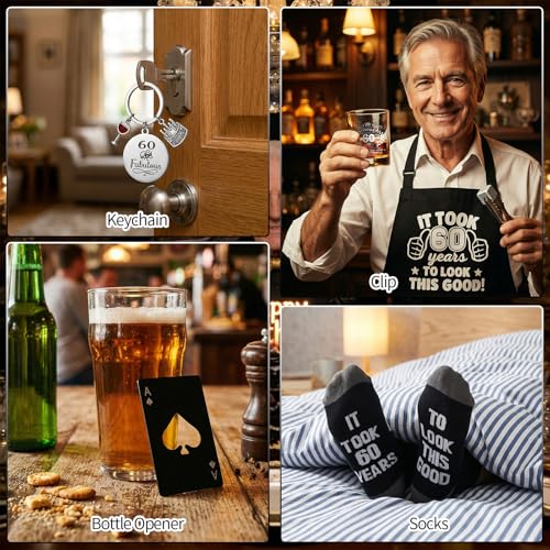 60th Birthday Gifts for Men 60th Birthday Party Supplies | Include 11 Oz Glass Stone Ice Tong Bottle Opener Cap Apron Socks Keychain Greeting Card for Him, Dad, Husband, Friends - style: 60th