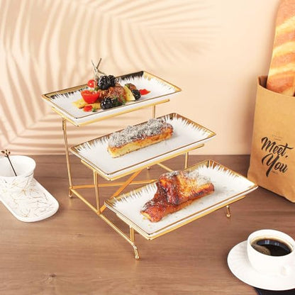 Three-Tier Ceramic Plate Rack - Foldable Gold Plate Rack with Three Large 11.4-inch White Plates for displaying Food, Fruit, Desserts, and Entertaining Guests. - color: 3-tier 11.4 Inch Serving Rack