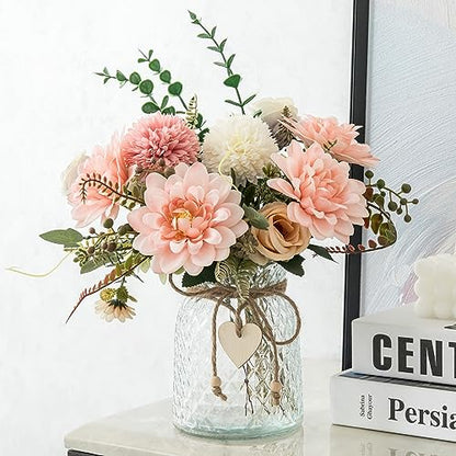 Fake Flowers with Vase,Faux Flowers in Vase for Home Decor,Silk Pink Dahlia Artificial Flowers with Vase for Coffee Table Decor,Living Room Bathroom Plant Decor, Centerpiece Table Decorations