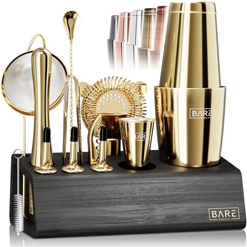 BARE BARREL® Mixology Bartender Kit Bar Set | 14-Piece Cocktail Shaker Set | Martini Barware Mixing Tools for Home Bartending | Incl. 35 Recipe Cards | Gift Set (28oz Boston Shaker, Gold/Black) - color: Gold/Black