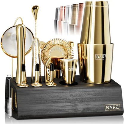 BARE BARREL® Mixology Bartender Kit Bar Set | 14-Piece Cocktail Shaker Set | Martini Barware Mixing Tools for Home Bartending | Incl. 35 Recipe Cards | Gift Set (28oz Boston Shaker, Gold/Black) - color: Gold/Black