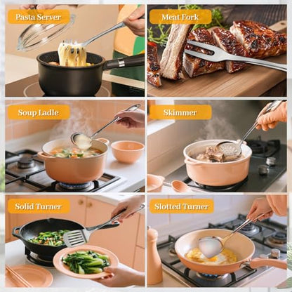 Hunnycook Stainless Steel Cooking Utensils Set - 6 Piece Kitchen Utensils Set, One Piece Seamless Handle Stainless Steel Utensils with Hanging Hole, Dishwasher Safe, Silver