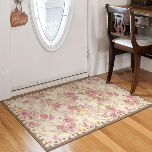 Washable 2x3 Small Area Rug, Cream Boho Floral Non-Slip Entryway Door Mat | Soft Low-Pile Carpet for Pet Feeding Areas, Bathroom, Bedroom, Kitchen, Kid & Pet Friendly, Stain, Fade & Wear Resistant - color: Dusty Pink, Cream and Sage Green, size: 2' x 3' (