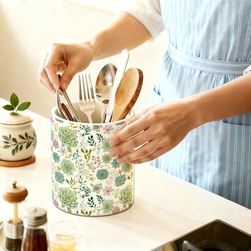 Succulent Floral Kitchen Utensil Holder, Summer Ceramic Utensil Holder , Cooking Utensil Crocks for Kitchen Countertop, Kitchen Decorations Rustic Farmhouse Decor