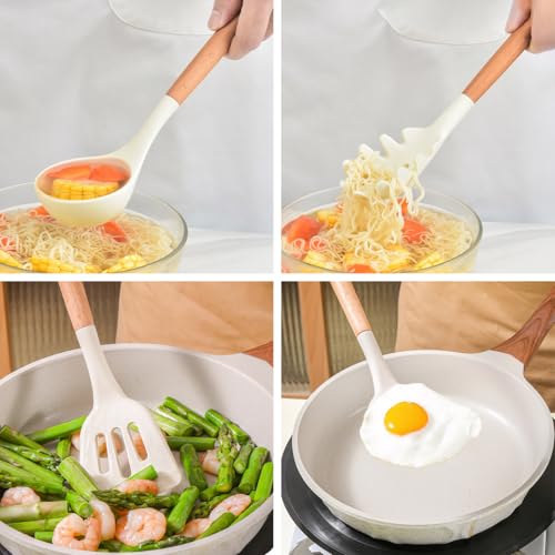 Kitchen Cooking Utensils Set 6Pcs Non-Stick Silicone Kitchen Utensils Spatula Spoon Turner Ladle Pasta Server, Heat Resistant Wooden Handle Silicone Cooking Gadgets Sets for Cookware & Baking - color: White, size: Standard 6-Piece Set