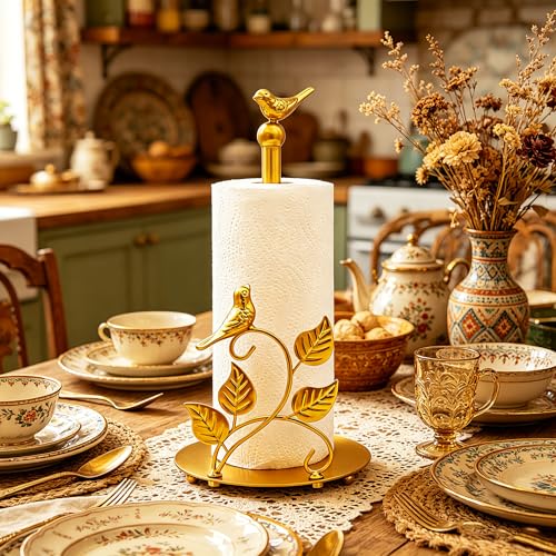 Gold Paper Towel Holder Countertop Golden Bird Decor Cast Iron Solid Birds and Leaves for Home Gold Kitchen Decor Unique Paper Towel Holder Golden