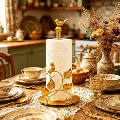 Gold Paper Towel Holder Countertop Golden Bird Decor Cast Iron Solid Birds and Leaves for Home Gold Kitchen Decor Unique Paper Towel Holder Golden