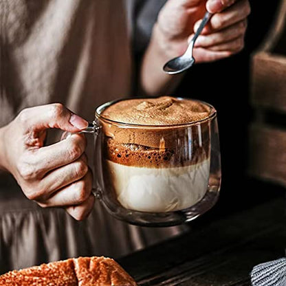 Double Wall Glass Coffee Mugs 16oz Set of 2 Insulated Clear Tea Cups with Handle, Perfect for Espresso, Latte and Cappuccinos - color: 16OZ-SET OF 2
