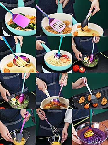 Rainbow Cooking Utensils Set, Kyraton Stainless Steel 37 Pieces Kitchen Utensils Set with Titanium Colorful Plating, Kitchen Tool Gadgets Set with Utensil Rack Heat Resistant Dishwasher Safe - color: 3.37 piece rainbow set