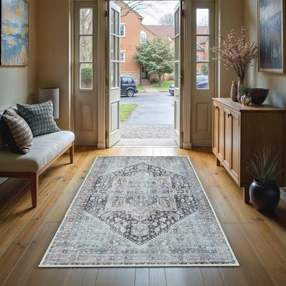 GLN Rugs Bohemian - Taxila - Machine Washable Runner Rug, Boho Washable, Non Slip, Low Pile Chenille Area Rug, Hallway, Bedroom, Kitchen Rug - Easy Clean (2'6"x7' Brown and Gray) - color: Brown/Gray/Cream, size: 2'6" x 7' (Runner)