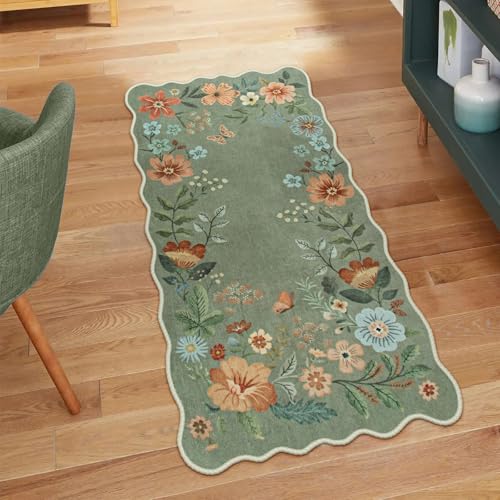 Lahome Floral Rugs for Entryway, 2x4 Washable Kitchen Rugs Ultra-Thin Soft Rug, Non Slip Indoor Door Mat Stain Resistant Boho Small Throw Carpet for Bathroom Bedroom Flore (2x4ft,Green) - color: Green, size: 2' x 4'(Rectangular)