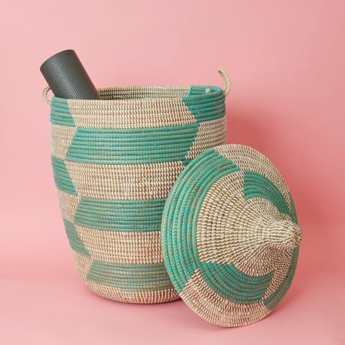 Big Basket, White and Turquoise, 18 Inch Wide, 23 Inch Tall - color: Turquoise Blue White