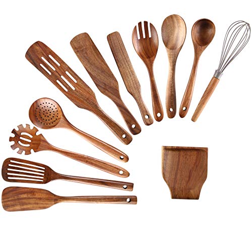 Kitchen Utensils Set, NAYAHOSE 12 Pcs Teak Wooden Cooking Spoons Spatula Spurtles Kit with Spoon Rest Whisk, Non-stick Natural Kitchen Tools - style: 12Pcs Set