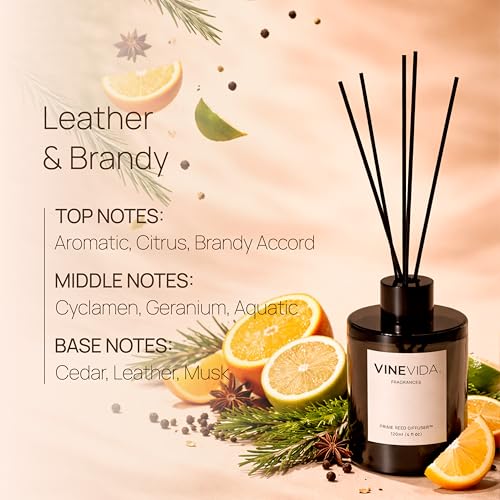 VINEVIDA | Leather & Brandy | Reed Diffuser for Home & Bathroom | Long-Lasting Scent Sticks Set | Oil Stick Diffuser | Bathroom Scent